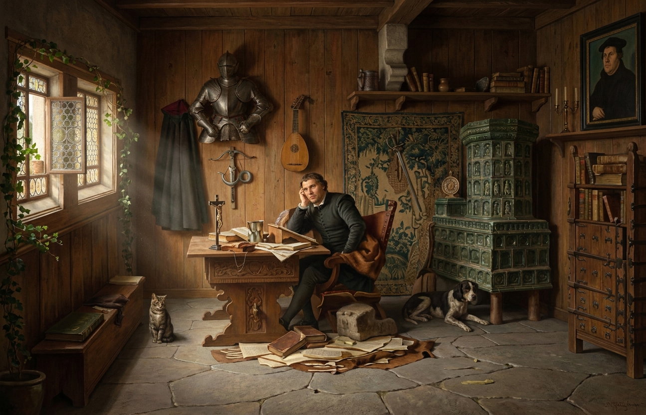 Martin Luther writing at his desk in the Wartburg