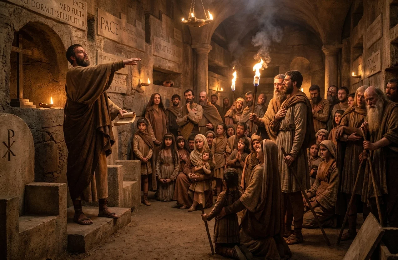 CHRISTIANS WORSHIPPING IN THE CATACOMBS.