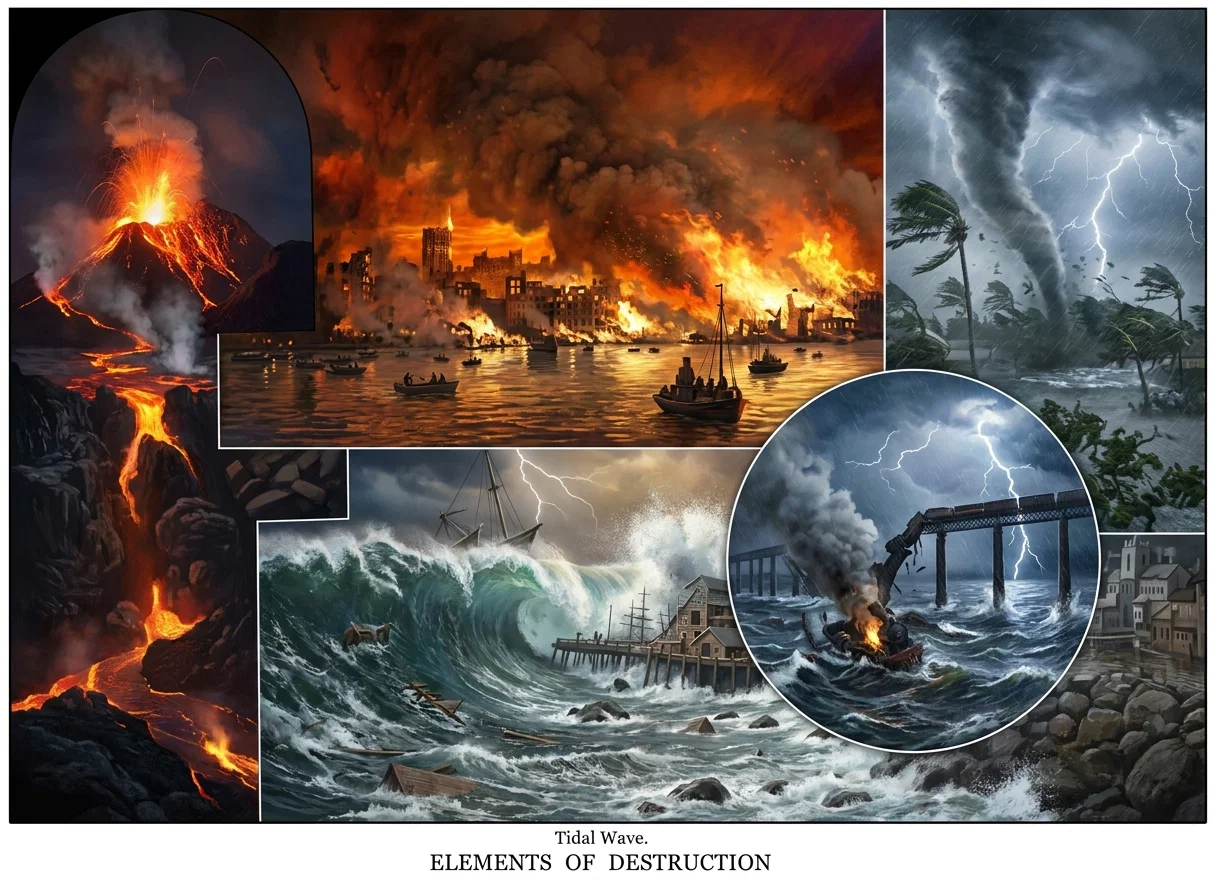 ELEMENTS OF DESTRUCTION. — Java Earthquake. — Burning of Chicago. — Cyclone. — Tidal Wave. — Tay Bridge Disaster, Scotland. Copyrighted 1886.