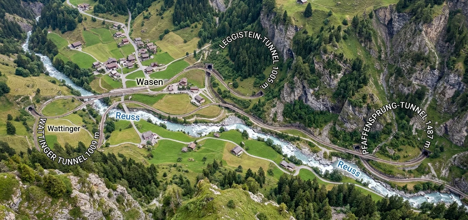 DIAGRAM OF LOOP TUNNELS ON NORTH SIDE OF ALPS.