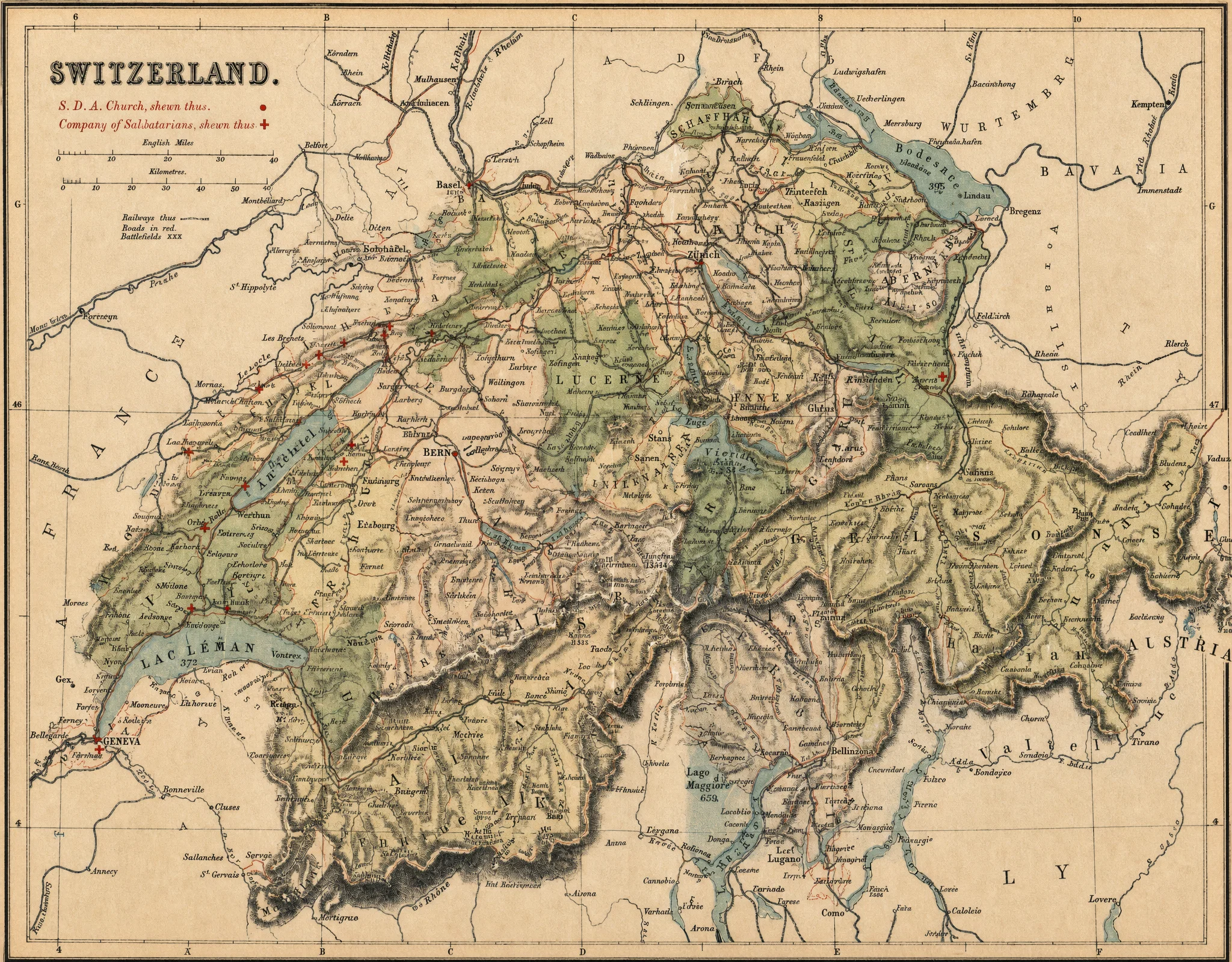 SWITZERLAND.

S. D. A. Church, shewn thus •
Company of Sabbatarians, shewn thus ✚

English Miles
Kilometres

Railways thus —
Heights in feet.
Battle fields ✕
