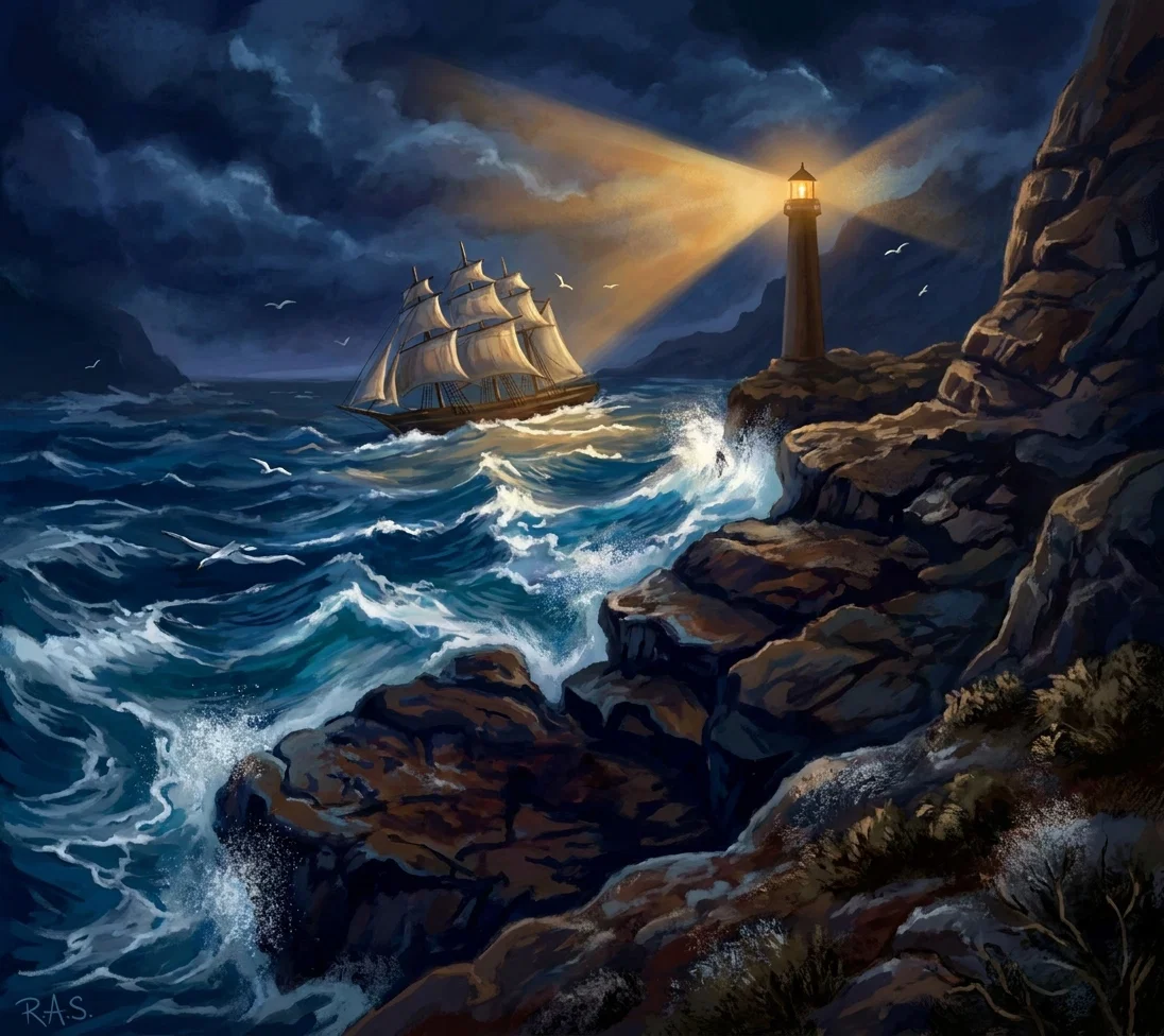A dramatic nighttime seascape shows a tall three-masted sailing ship battling choppy, white-capped waves near a rugged rocky coastline. On the right, a lighthouse stands on a cliff, its glowing lantern casting broad golden beams through dark, swirling storm clouds and toward the vessel. Waves crash against the jagged foreground rocks, while several white seabirds fly across the sky and sea. The palette contrasts deep blues and blacks with warm amber light, and the initials “R.A.S.” appear at the lower left.