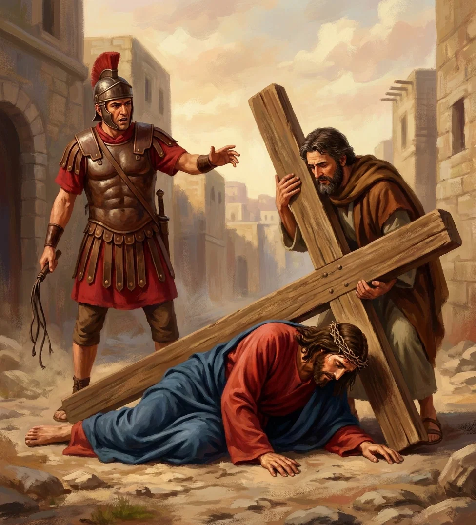 A Roman soldier in bronze armor and a red-crested helmet gestures commandingly in a dusty Jerusalem street while holding a whip. Beside him, a bearded man in a brown robe strains beneath a large wooden cross, lifting and supporting its beams. In the foreground, Jesus, wearing a crown of thorns, a red tunic, and blue cloak, has fallen face-down on the rocky ground with one hand extended. Sunlit stone buildings and a hazy sky form the background, emphasizing the scene of His journey to Calvary.