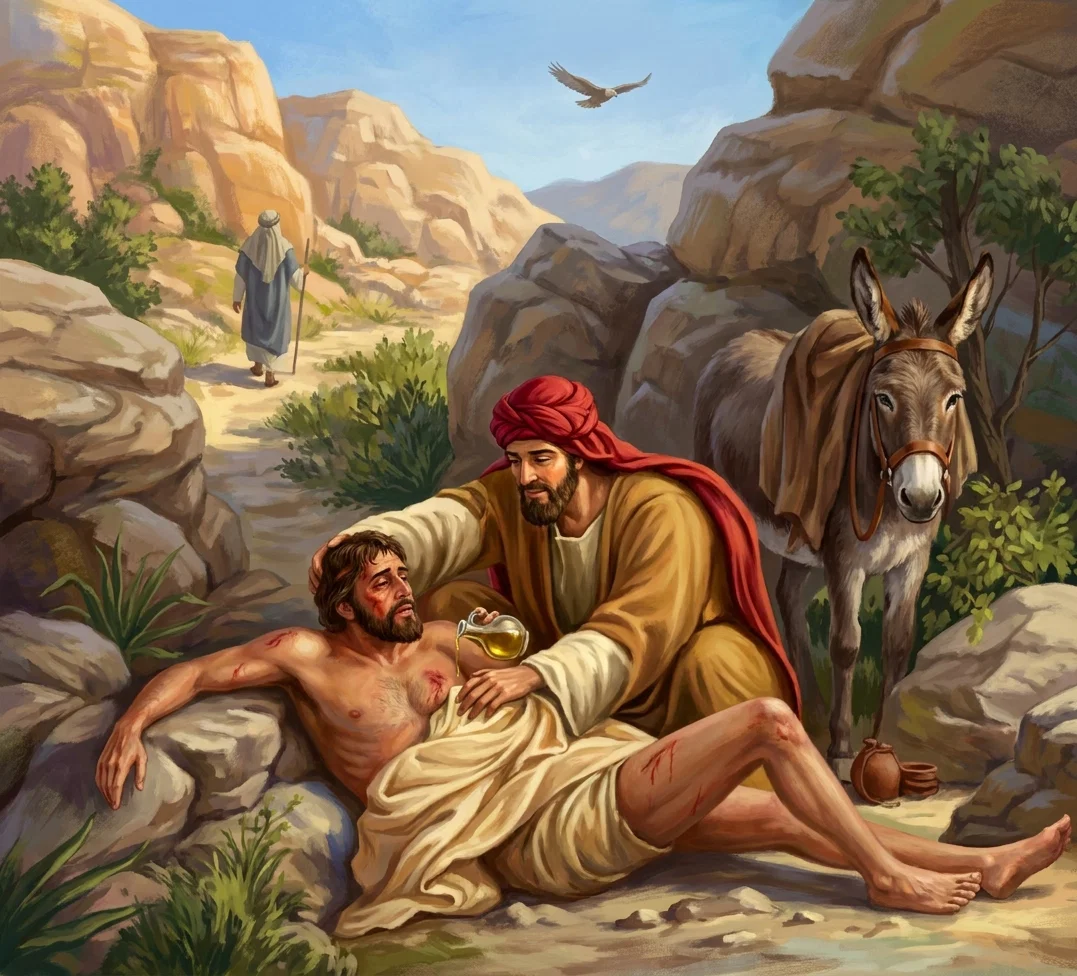 In a rugged, sunlit mountain pass, a wounded, nearly unclothed traveler lies sprawled across the foreground rocks, with cuts and bruises visible on his body. A compassionate Samaritan in flowing robes and a red head covering kneels beside him, supporting him and pouring oil or wine from a small flask onto his wounds. A saddled donkey stands immediately behind them among shrubs and boulders, while a distant robed traveler walks away along the winding path. Towering ochre cliffs, greenery, and a bird gliding overhead complete the biblical wilderness scene.