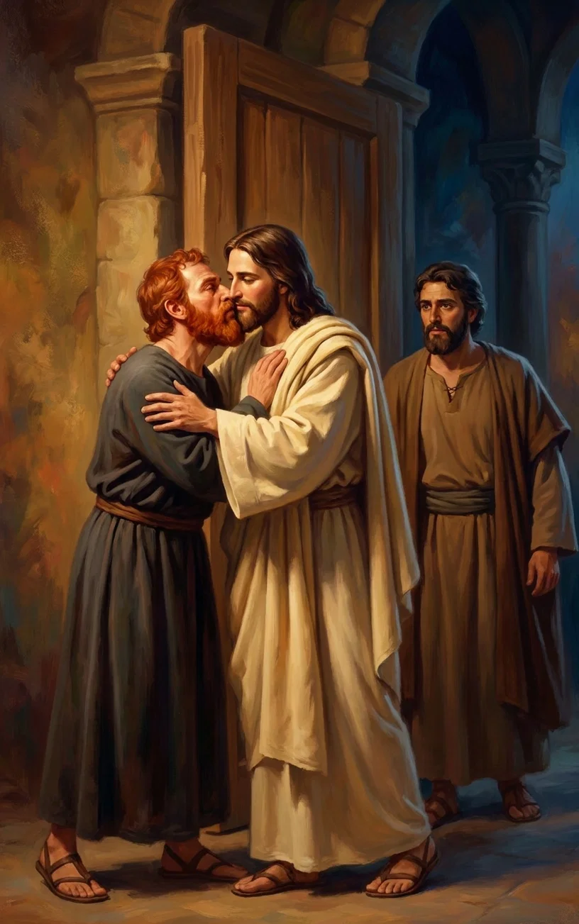 In a dim stone interior or courtyard, Jesus stands at the center wearing a flowing cream-colored robe, gently holding a red-haired, bearded man in dark clothing who embraces and kisses him. The scene depicts the betrayal, with Jesus remaining calm and composed as the other man presses close. A third bearded figure in a brown robe watches from the right, partly framed by a shadowed arched doorway. Wooden doors, rough masonry, sandals, and warm light on the central figures establish the ancient setting. No text or lettering appears within the image.