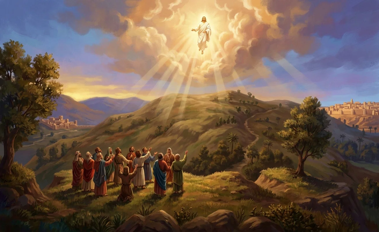 The Ascension. “With hands outstretched in blessing. He slowly ascended from among them.”
