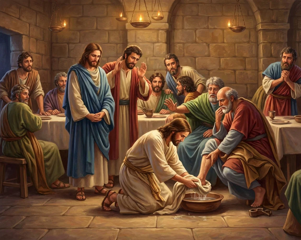 Jesus kneels in the foreground of a stone-walled chamber, washing a disciple’s bare foot over a shallow basin of water while holding a white towel. He wears a simple cream robe and leans forward with a calm, humble expression. Around him, the disciples sit or stand at long set tables, watching with surprise, concern, or reflection; one gestures toward the scene while another clasps his hands. Oil lamps hang from the ceiling, casting warm light over the gathered men, pottery cups, plates, and the stone floor.