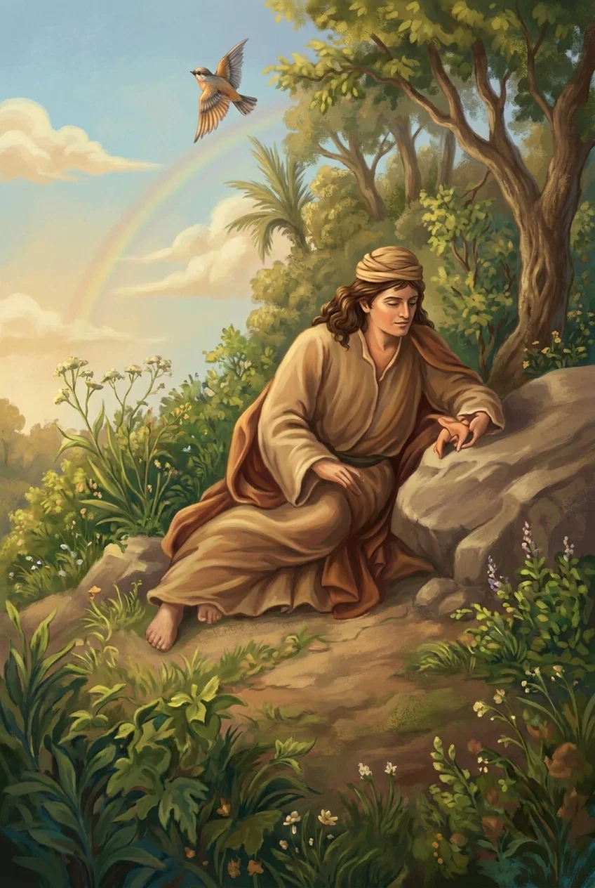 A young Jesus sits barefoot beside a large rock in a lush woodland clearing, wearing a flowing tan robe and wrapped head covering. He leans forward thoughtfully with one hand resting on the stone and the other on his robe. Dense greenery, flowering plants, and tall trees surround him, while a small bird flies overhead. In the pale blue sky, soft clouds and a faint rainbow stretch across the background, creating a peaceful, pastoral atmosphere.