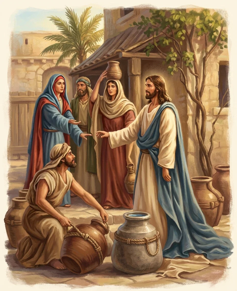 A biblical scene at Cana shows Jesus in a white robe and blue drapery extending his hand toward Mary, who gestures toward him from the left. Behind them, a woman balances a large earthen jar on her head while a bearded man stands beside her. In the foreground, a seated servant handles a large brown water jar, with several additional clay vessels nearby, including a prominent stone jar filled with water. The group stands in a sunlit courtyard of stone buildings beneath palm and leafy trees.