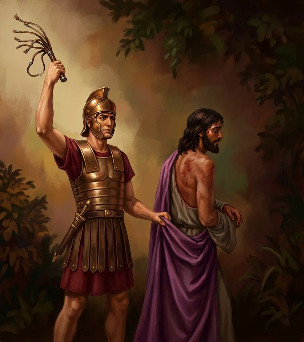 A Roman soldier in bronze armor and a crested helmet stands at left, raising a multi-tailed whip above his head while gripping the purple robe of Jesus. Jesus, at right, is shown bare-backed with numerous red welts and wounds, his long dark hair and beard turned in profile as he walks away. A pale cloth hangs around his waist and shoulder beneath the draped purple garment. The two figures occupy a shadowed forest or garden setting framed by dense foliage, with warm light behind them and deep green-brown darkness at the edges.