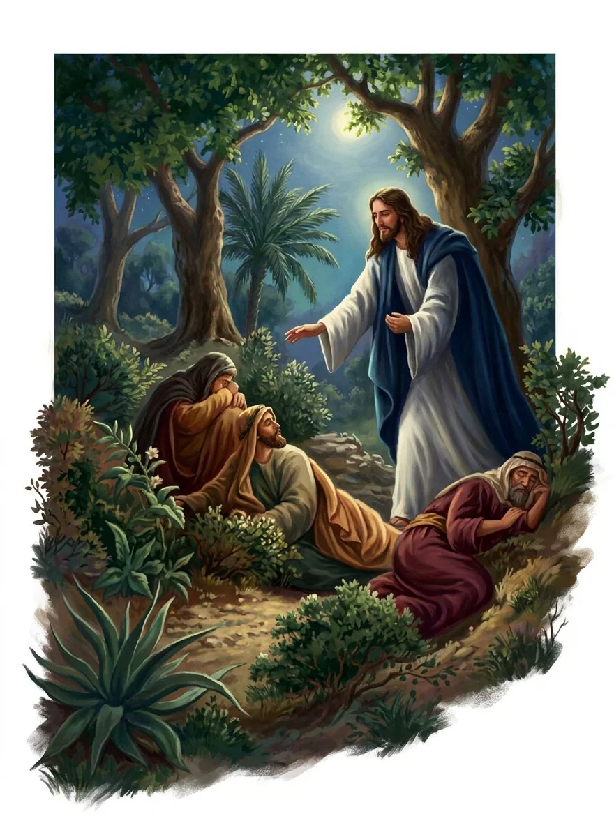 In a moonlit garden of dense trees and palms, Jesus stands at the right wearing a flowing white robe and deep blue mantle, extending one hand toward three sleeping disciples. Two men lie together in the foreground, one bearded and wrapped in tan and green garments while another rests in a brown cloak; a third, older bearded man in purple reclines at the lower right. Lush shrubs, flowering plants, rocky ground, and a large agave-like plant surround the figures, while the bright moon glows through the leafy canopy behind them.