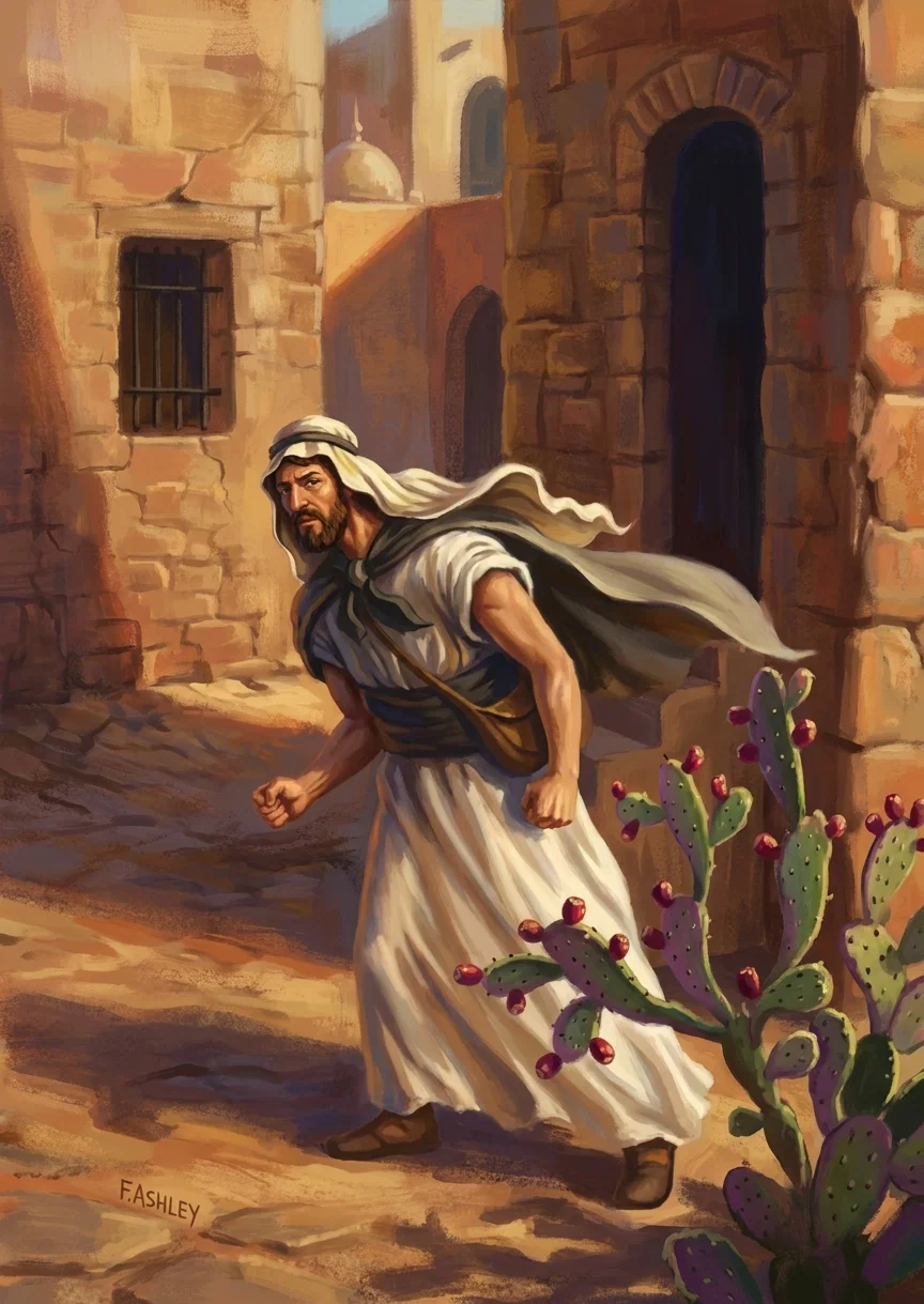 A bearded man in flowing white robes, a dark vest, and a windblown head covering strides purposefully through a sunlit, narrow stone passage. He looks back over his shoulder with a serious expression while carrying a brown satchel across his body. Weathered ochre and reddish walls surround barred windows, arched doorways, and a small domed structure in the background. Prickly pear cactus with green and purple pads and bright red fruit fills the lower right foreground, contrasting with the dusty earth and warm shadows.