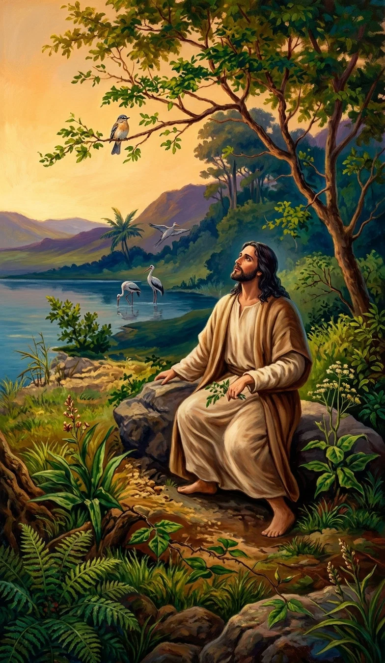 A bearded man with long dark hair, dressed in a loose cream-colored robe and brown mantle, sits barefoot on a rock beside a tranquil lake, gazing upward through a leafy tree. The lush landscape includes ferns, flowering plants, palms, distant purple mountains, and wooded hills. Two long-legged wading birds stand in the shallow water, another bird flies above the lake, and a small songbird perches on a branch overhead. Warm golden light fills the sky, creating a peaceful, contemplative scene.