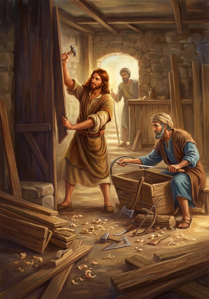 The scene portrays Jesus working as a young carpenter in a rustic workshop in Nazareth. At center, a long-haired bearded man in a brown robe raises a hammer while fitting or shaping a large wooden door. An older, gray-bearded craftsman wearing a head covering sits at right, using a long-handled tool beside a wooden chest or workbench, while another man stands in the sunlit stone doorway behind them. Exposed beams, rough masonry, timber planks, curled wood shavings, chisels, an axe, a saw, and other tools fill the warm, earthy interior. No text is visible.