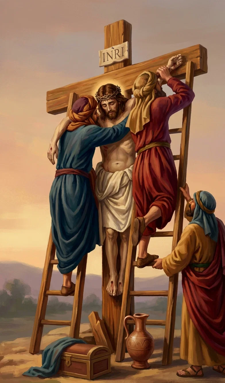 The image depicts the removal of Jesus from the cross. Jesus, wearing a crown of thorns and a white cloth, hangs centrally with his head bowed while two men in colorful robes stand on ladders, supporting his body and working at the nails. A third man below reaches upward beside the ladder. The wooden cross rises against a warm, hazy landscape and sky, with a small plaque above it bearing the clearly visible inscription “INRI.” A clay vessel, wooden chest, folded cloth, and scattered tools lie on the ground beneath the cross.