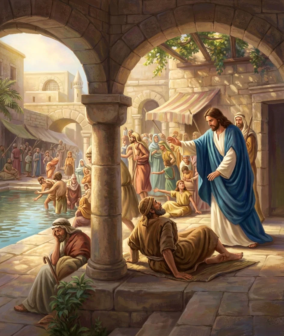 Under a broad stone arcade in an ancient city, Jesus, dressed in a flowing blue robe and white garment, extends his hand toward a crowd gathered beside a healing pool. In the foreground, a bearded, reclining man in brown clothing lies on a mat and looks up at him, while another weary figure sits against a column with a staff. Numerous men, women, and children wait near the water, some entering or emerging from the pool. Stone arches, a striped market awning, palm foliage, vine-covered beams, and pale masonry frame the sunlit scene.
