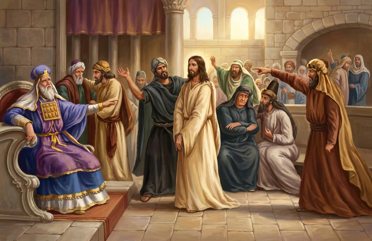 Before the Sanhedrim. “He is brought as a lamb to the slaughter, and as a sheep before her shearers is dumb, so He openeth not His mouth.”