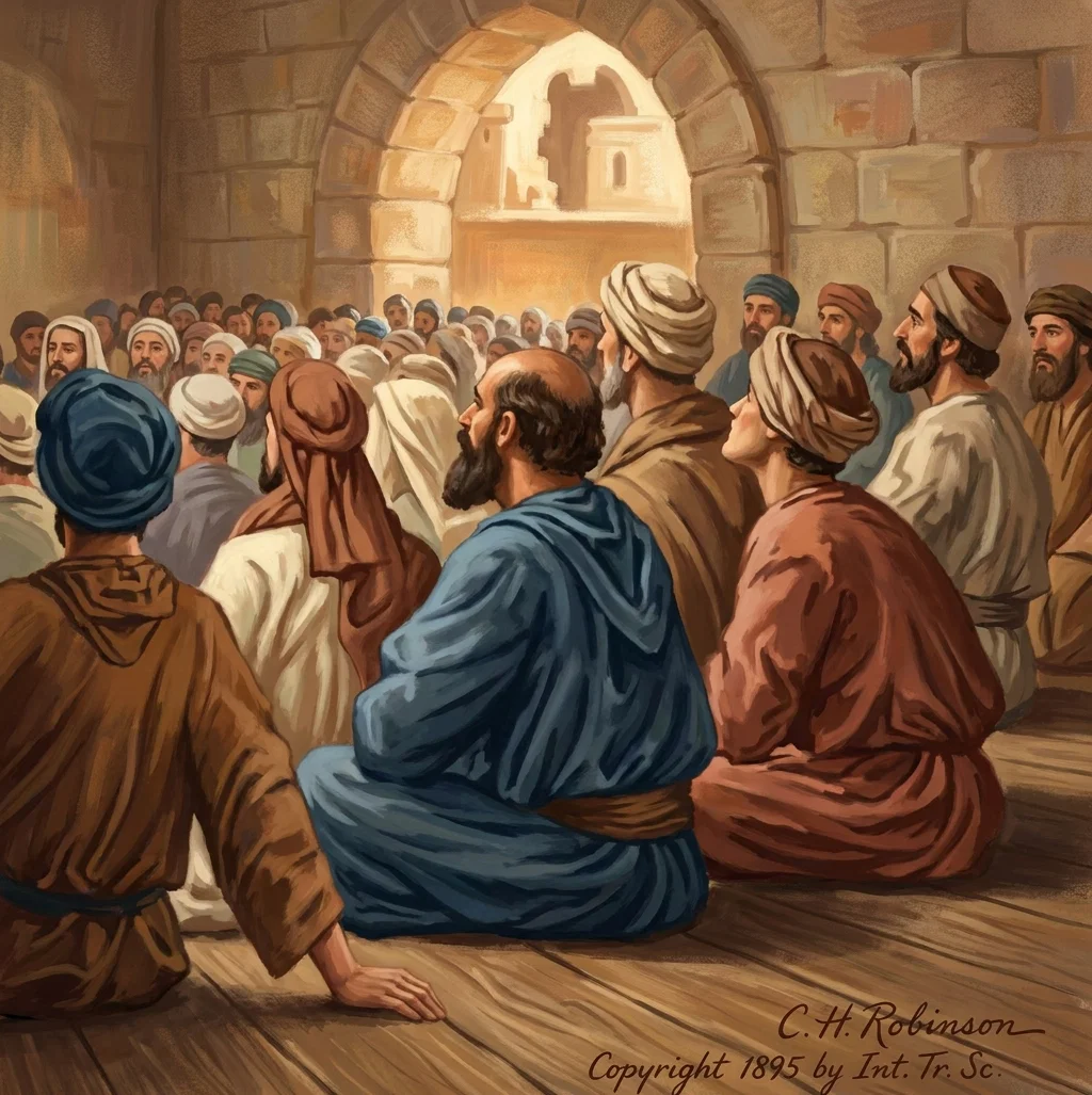 A crowded synagogue at Nazareth is shown beneath a large rounded stone arch, with many bearded men in flowing robes and turbans seated or standing closely together, facing toward an unseen speaker. The foreground figures are rendered from behind and in profile, including men in blue, brown, cream, and rust-colored garments, while the congregation fills the warmly lit interior. A pale architectural opening and recessed wall structure appear beyond the arch. The lower right bears the lettering “C. H. Robinson” and “Copyright 1895 by Int. Tr. Sc.”