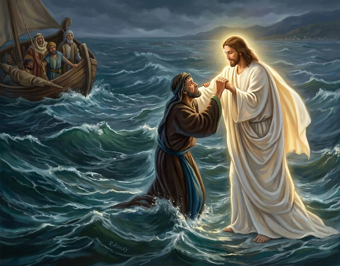 Saviour. As soon as he looked away, he began to doubt and sink. Then he cried, “Lord, save me,” and the Saviour’s