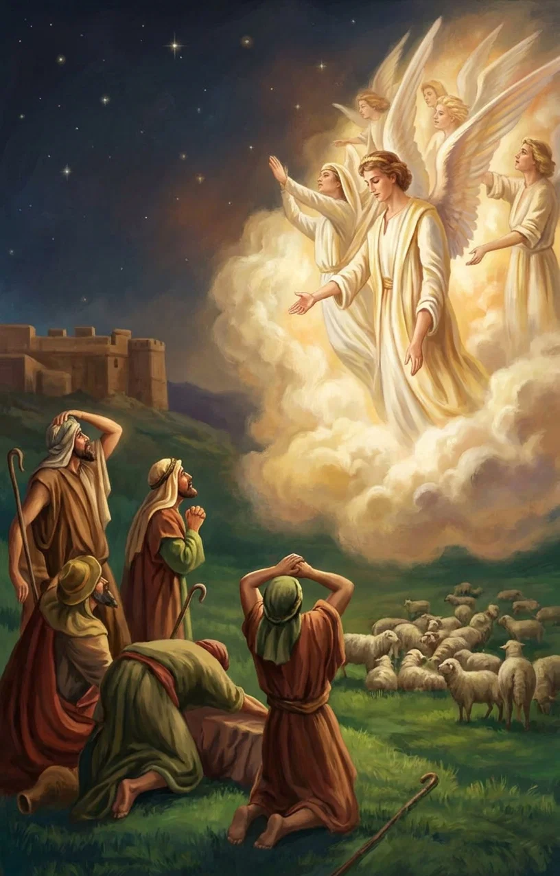 Angels Appearing to the Shepherds. “Behold, I bring you good tidings of great joy.”