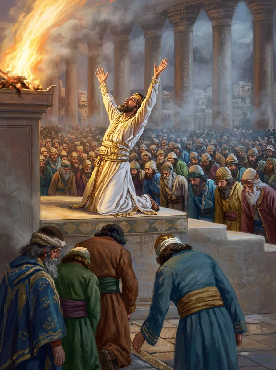 THE DEDICATION OF THE TEMPLE

“As Solomon ended his prayer, ‘fire came down from heaven, and consumed the burnt offering and the sacrifices.’”