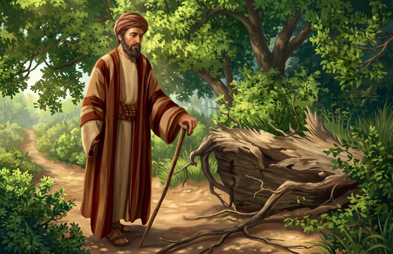 A bearded, turbaned man in a long, layered robe stands outdoors in a wooded, rugged landscape. He holds a long staff in one hand and appears to gesture or extend the other toward a dark, four-legged animal crouched or kneeling beside him. Trees and dense foliage fill the background, while rocks, uneven ground, and patches of shadow frame the figures. The composition places the standing man prominently at left-center, with the animal and rocky terrain extending across the right side; no lettering or other text appears within the artwork.