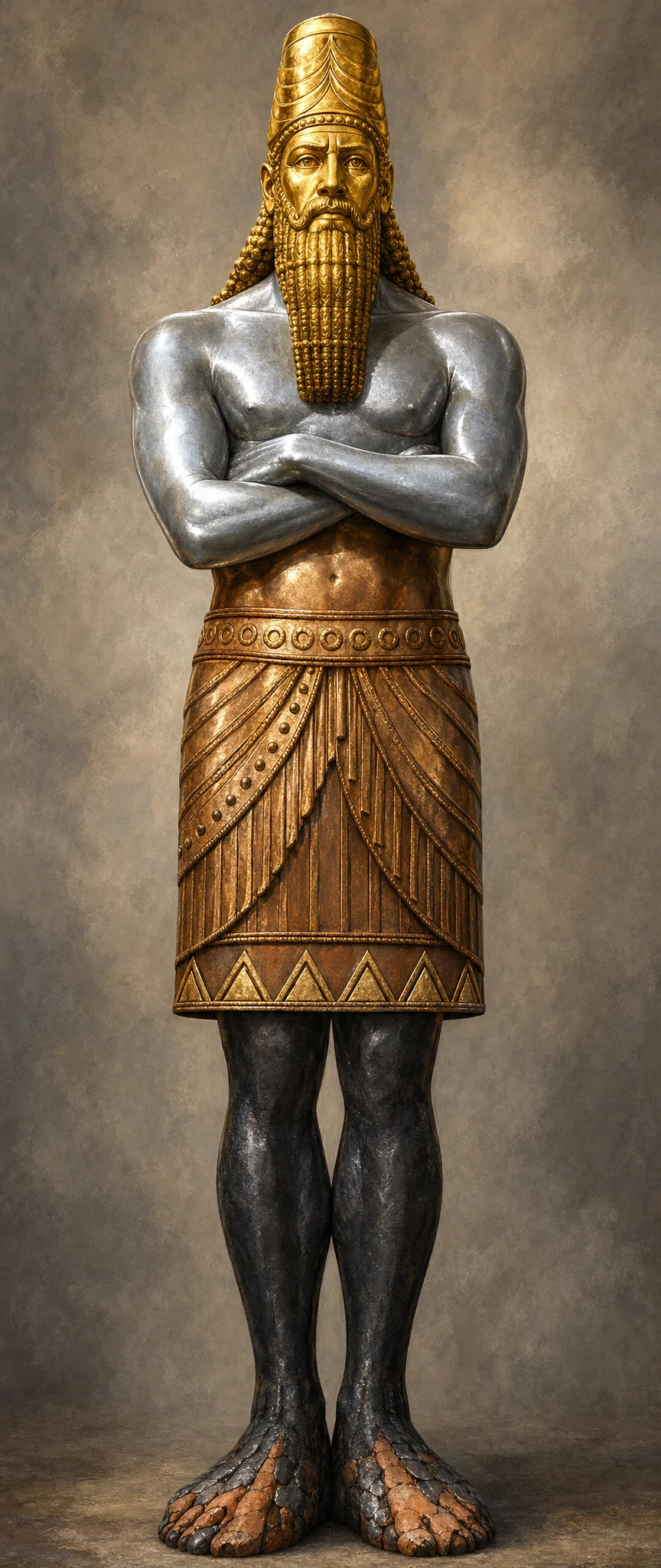 A full-length, frontal human figure representing Nebuchadnezzar’s prophetic image of the kingdoms of men stands against a plain background. The figure has a stern bearded face, tall ornate headdress, long braided beard, and large muscular arms crossed over the chest. A decorated belt encircles the waist, above a patterned, pleated skirt or tunic with geometric borders and layered hanging strips. The lower legs are dark and bare, ending in broad feet planted side by side. No animals, scenery, or visible lettering appear within the image.