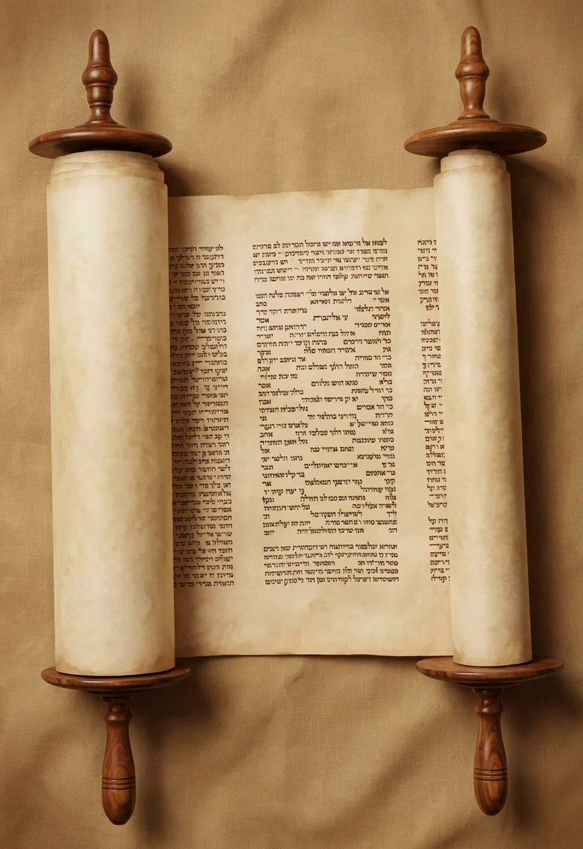 The image depicts an open Hebrew scroll mounted between two upright cylindrical rollers. Each roller is wrapped in a long parchment sheet densely covered with narrow rows of dark Hebrew writing, while a broad central section hangs between them and displays additional columns of text. The scrolls have ornate dark wooden or metal finials at the top, wide rounded caps near the upper ends, and matching bases with hanging loop-like handles at the bottom. The object is shown frontally against a plain, lightly textured background, with no people or animals visible.