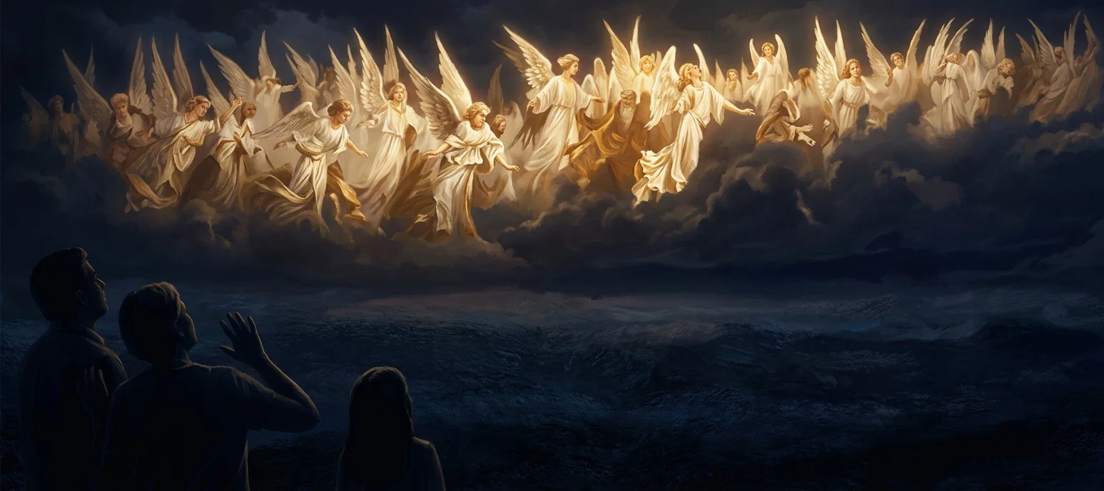 A dark, atmospheric landscape stretches across the image, with a low, shadowy horizon and a broad, dimly illuminated band near the center. Along the upper portion, a dense procession of pale, winged angelic figures appears to surge through the clouds, their many pointed wings and indistinct forms forming a luminous protective host. In the lower left foreground, several dark human-like silhouettes or clustered figures seem to crouch or gather beneath the expansive sky, creating a strong contrast with the bright celestial multitude above. No lettering is visible.