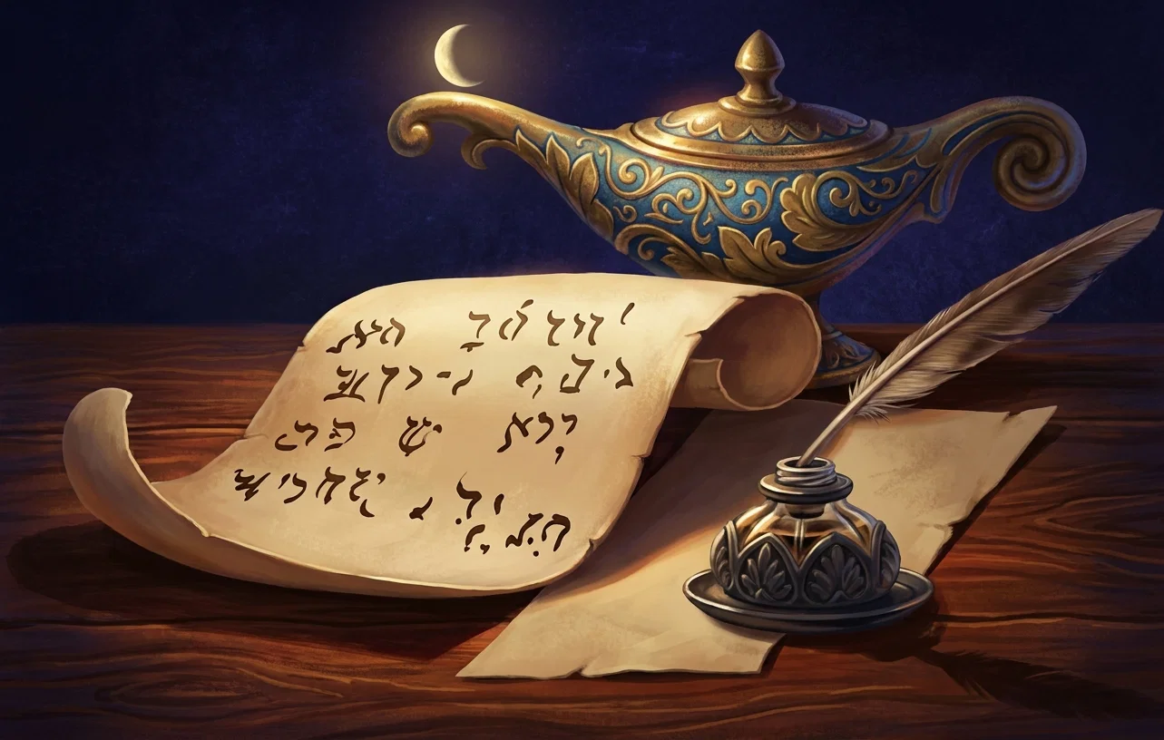 A decorative still life shows an ornate antique oil lamp with a curling spout and handle, its small flame rising against a dark background. In the foreground, a long unfurled parchment scroll curls upward at both ends and bears several lines of handwritten characters resembling Hebrew script. Beside it lies a separate sheet of paper, partly tucked beneath a dark, rounded inkwell with faceted ornamentation. A long feather quill projects diagonally upward from the inkwell, suggesting writing and the preservation or transmission of sacred text.