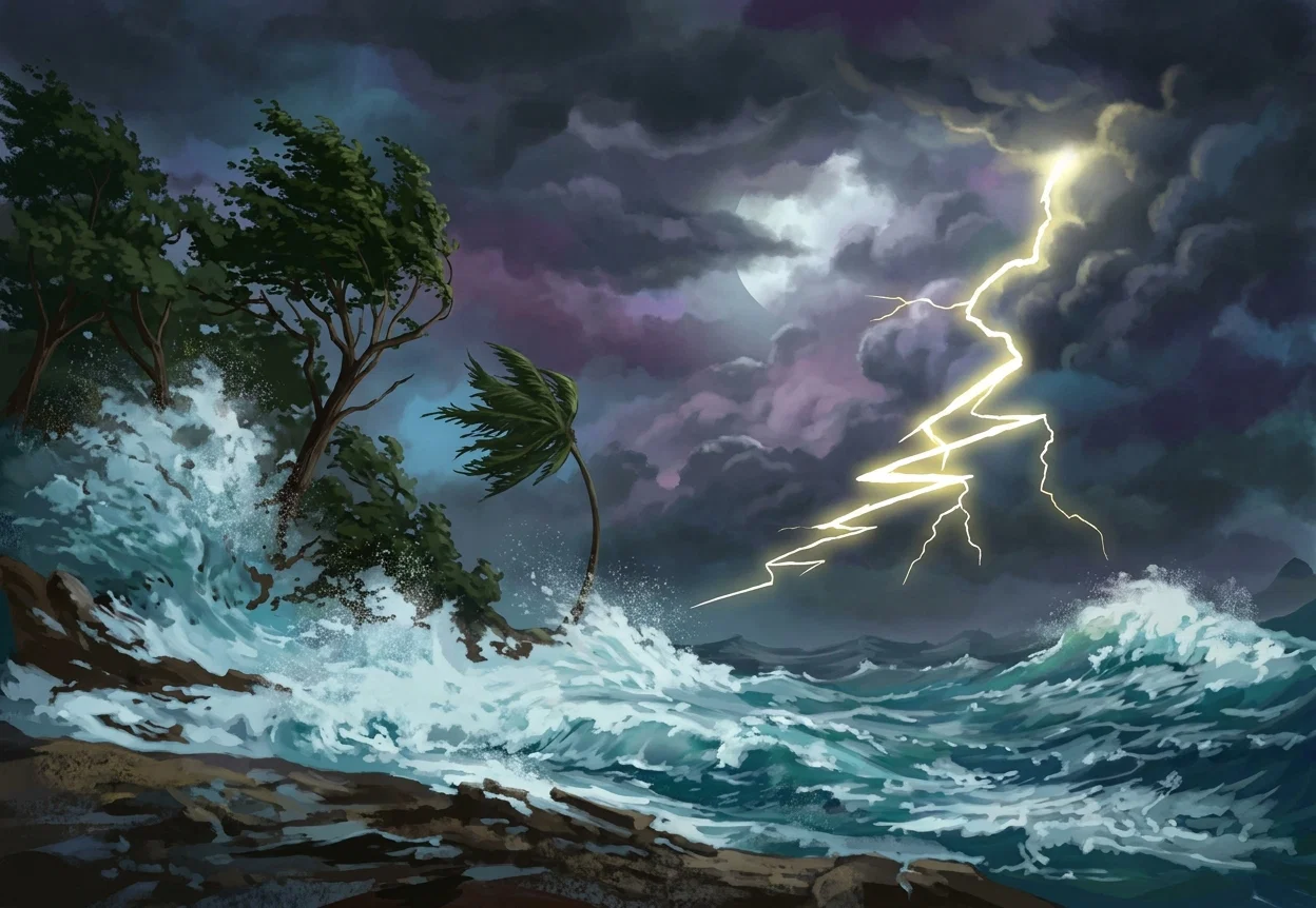 A dramatic seascape unfolds beneath a turbulent, heavily clouded sky. Dark storm clouds fill the upper portion, with a bright opening near the center and several sharp, zigzagging bolts of lightning descending toward the distant horizon. Below, rough waves surge across the water in layered bands of white foam and dark troughs. On the left, a rugged shoreline or rocky rise is partly covered with windblown trees and vegetation, while spray and mist sweep across the coast, emphasizing the force of the storm.
