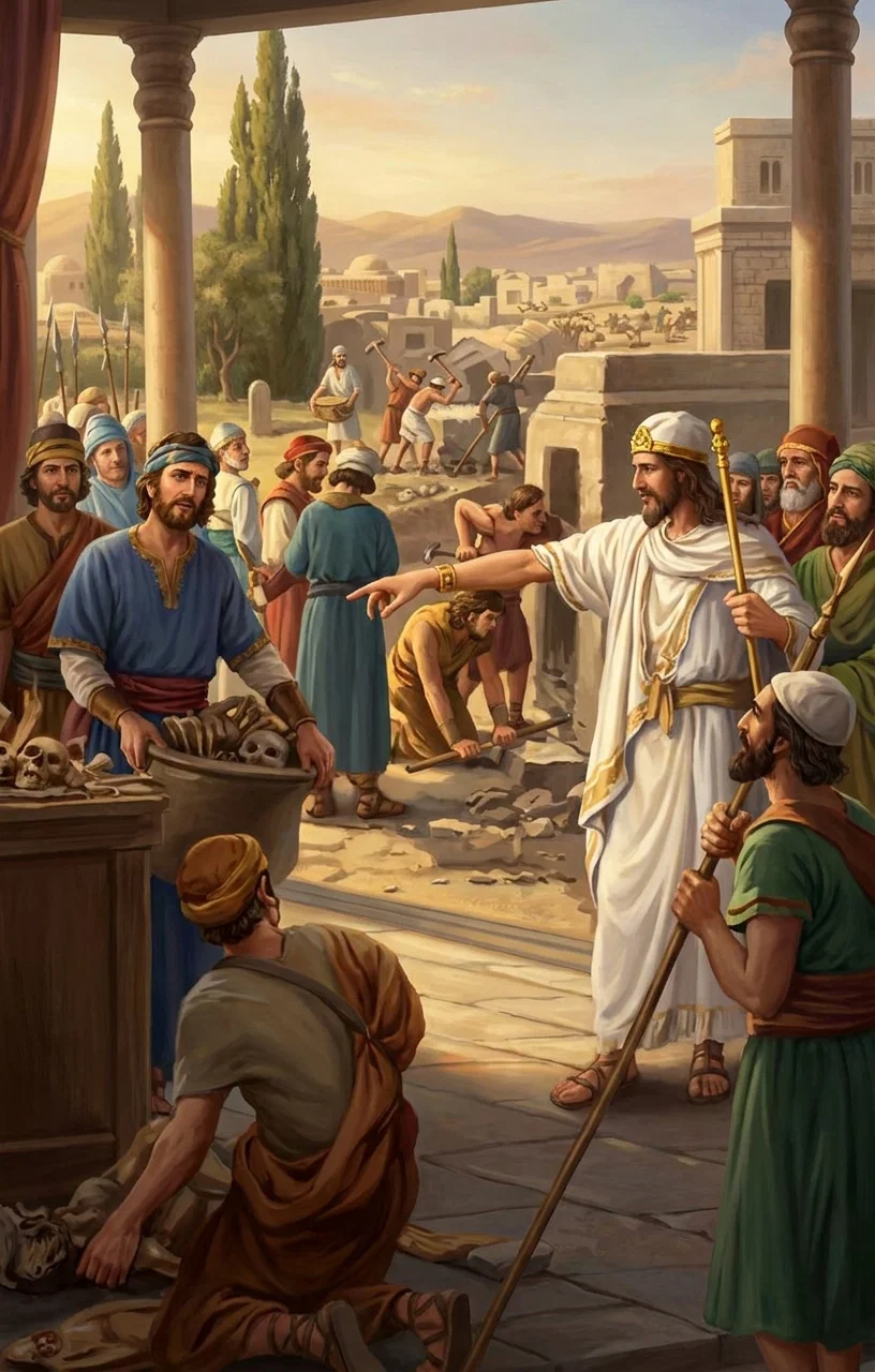 JOSIAH BY THE ALTAR AT BETHEL

“The prophecy uttered many years before in the presence of Jeroboam, was now to be fulfilled.”