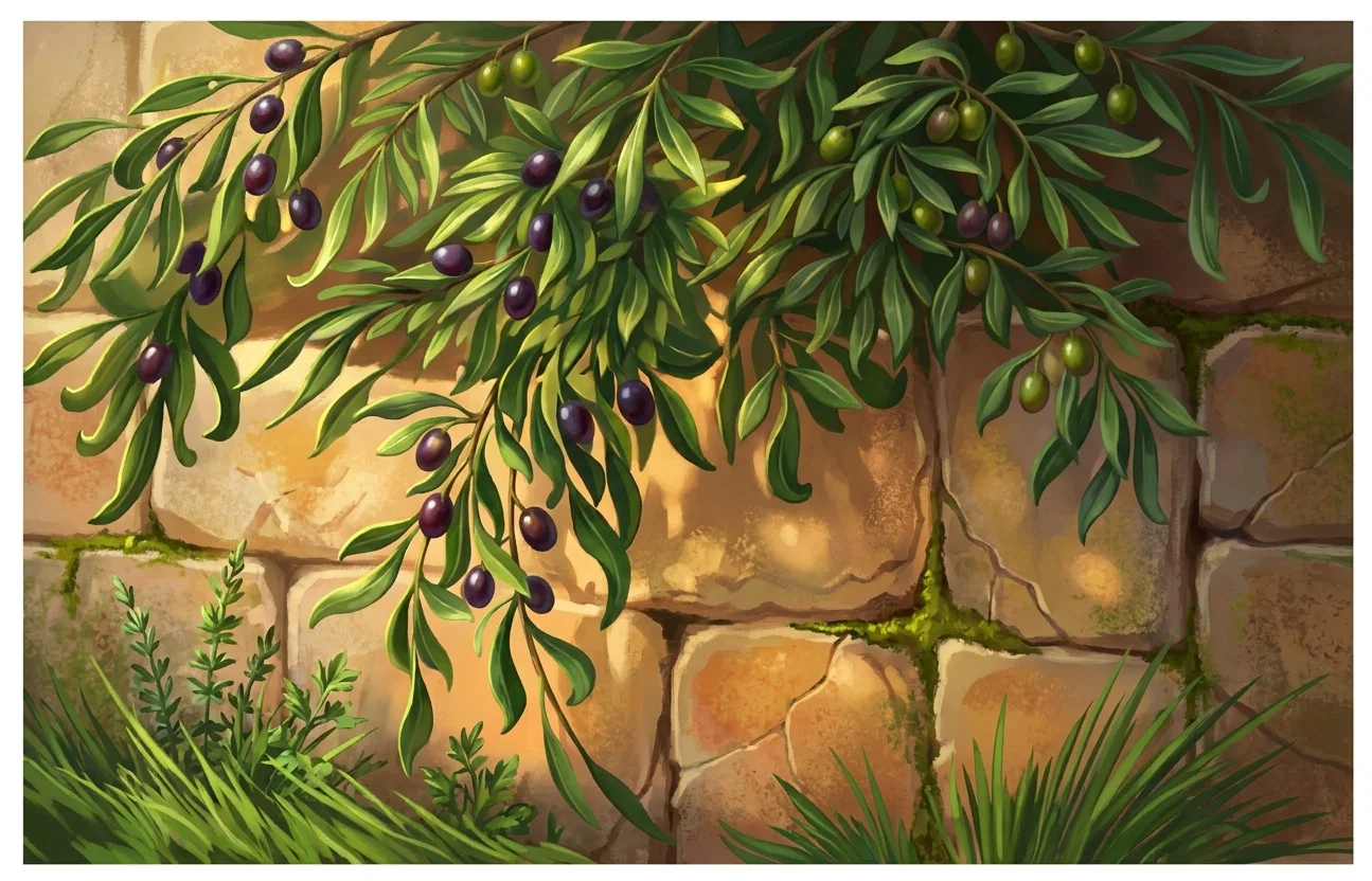 A dense, drooping leafy branch spreads across the upper portion of the scene, with numerous narrow leaves and clusters of small oval fruits resembling olives. The branch hangs over a rough, light-colored stone or masonry wall made of large irregular blocks, with visible seams and cracks. Sparse pointed grasses rise from the bottom corners, especially at the right, while the dark foliage creates a strong contrast against the plain wall behind it. No people, animals, or lettering are visible.