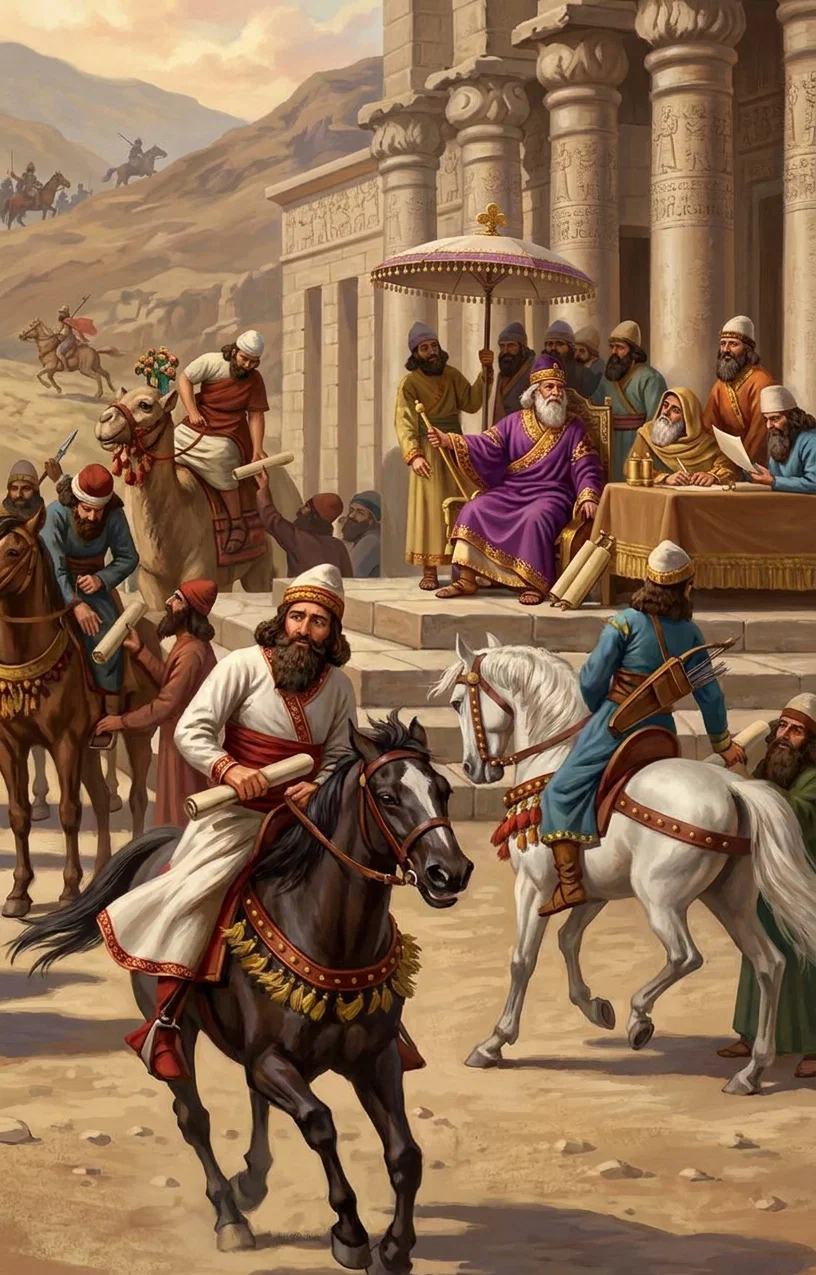 SENDING OUT THE DECREE OF AHASUERUS

“He wrote in the king Ahasuerus’ name, and sent letters by posts.”