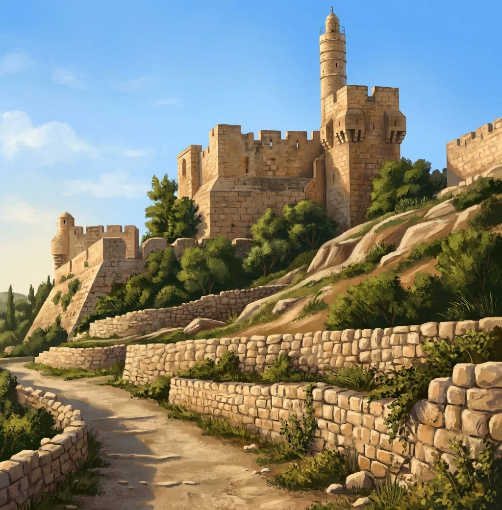 A stone-built hillside fortress or ancient town is shown in a rugged landscape. In the center, a tall cylindrical tower rises above the heavy masonry walls and is capped with a pointed, striped conical roof. To the left are lower battlements, a gate-like opening, and a small crenellated structure, while darkly shaded trees and shrubs cluster around the buildings. A sloping foreground road or terrace is supported by broad courses of rounded stonework, with a rocky streambank or outcrop at the lower left. No people, animals, or lettering are visible.