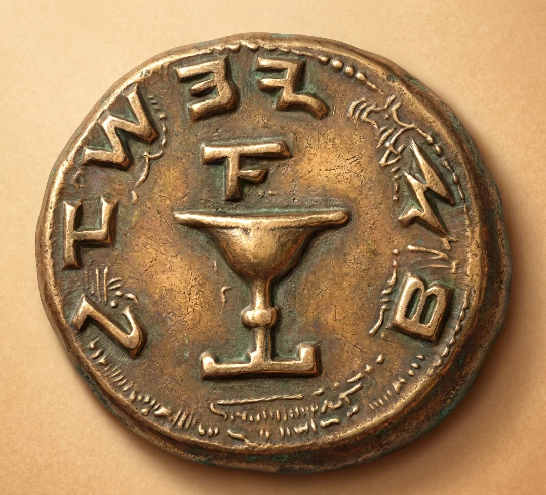 A small circular emblem or medallion is shown frontally, enclosed by a dark, irregularly textured outer rim. Its center contains a large, ornate symbol resembling a Hebrew letter or monogram, with a curved horizontal stroke above and a branching vertical form below. Additional decorative or Hebrew-style characters are arranged around the upper, side, and lower portions of the disk, creating a roughly radial composition. Fine marks and tiny lettering appear along the inner lower edge, while the surrounding field is plain.
