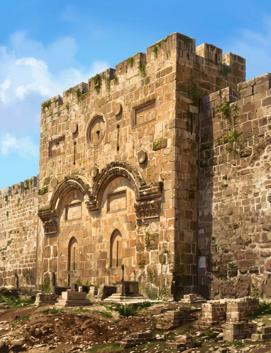 A monumental ancient stone fortress or city gate is shown from a low, slightly angled viewpoint. The broad masonry structure has tall crenellated battlements, thick projecting towers, and walls built from dark, uneven rectangular blocks. On the central facade are several tall, narrow arched openings, some recessed or blocked, beneath larger decorative arches and a circular or oval stone feature. Rubble and broken masonry cover the barren ground in front, with no people, animals, signs, or visible lettering.