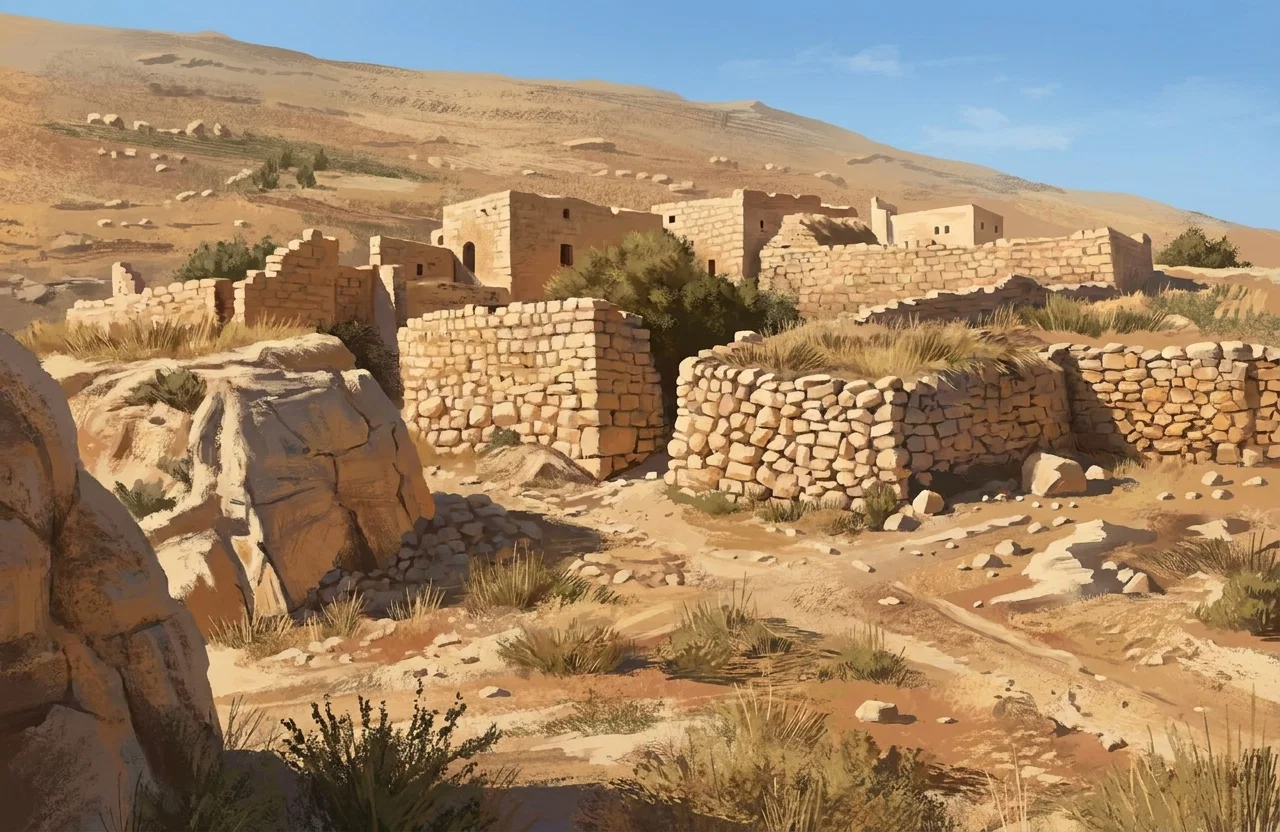 A broad, barren landscape is shown with the remains of a low stone settlement or fortress spread across the middle ground. Rough, rounded stones form several thick walls and collapsed structures, with dark shaded openings or gaps between them and earthen embankments sloping toward the foreground. Sparse grasses and small shrubs grow around the ruins, while a gently rising, mostly empty hillside extends across the background. The monochrome drawing contains no visible people, animals, signs, or lettering.