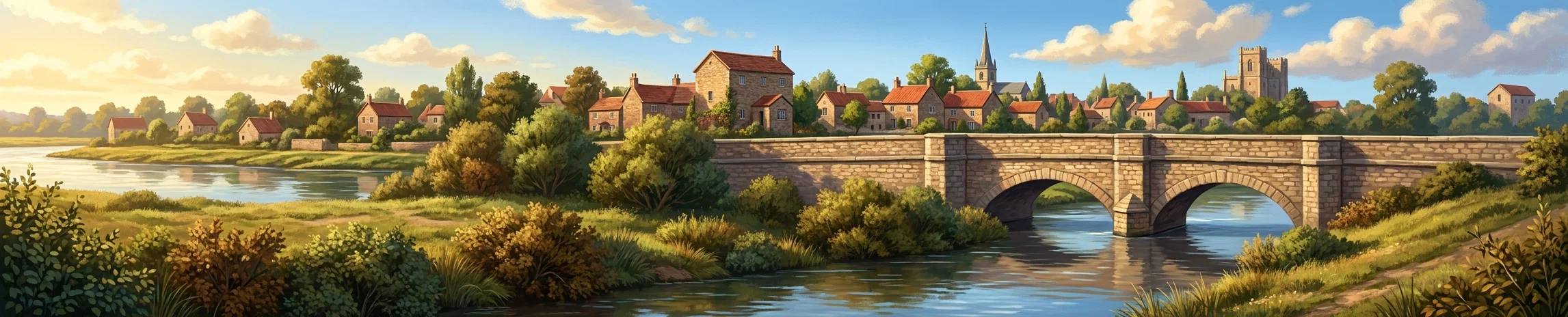A narrow panoramic landscape shows a quiet riverside or wetland scene. In the distance, a low tree-lined shore stretches across the image, with a small cluster of buildings near the center, including a prominent rectangular house, smaller rooftops, a pointed churchlike spire, and a taller blocky structure farther right. The foreground is dominated by rough banks, grasses, and reeds, while several dark, curved strokes suggest rippling water or partially submerged vegetation. No people, animals, or lettering are visible.