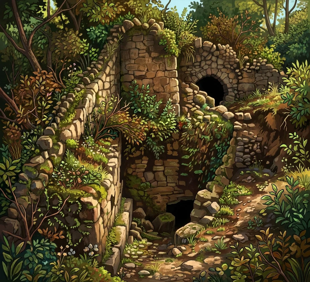 A small stone-built spring or watercourse is set into a steep, grassy, rock-strewn hillside. At the upper right, a dark arched opening leads into the masonry, while water appears to emerge below and run through a narrow channel toward the foreground. Irregular rounded stones form the arch, retaining walls, and banks, with dense crosshatched vegetation covering the slope and clumps of grass around the stream. The composition focuses on the rustic stone passage and the trickling water, with no people, animals, or visible lettering.