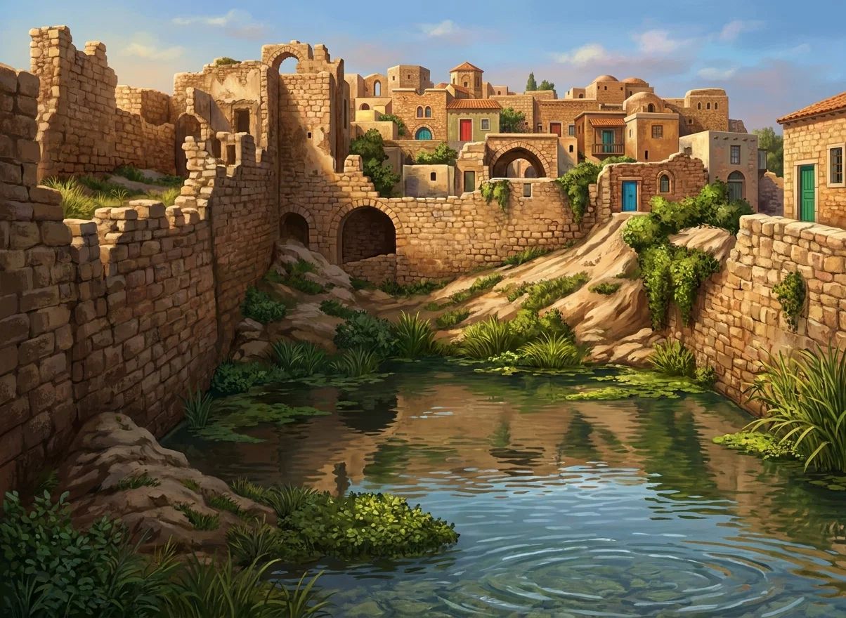 A black-and-white pen-and-ink landscape shows an ancient-looking fortified town or ruined settlement viewed from across a deep ravine. Massive rough stone walls and cliff-like rock formations frame the foreground, while a narrow stream or path winds through the valley below. In the middle distance, the settlement contains towers, arched gateways, small domed or flat-roofed buildings, and scattered masonry, with a taller slender structure rising near the skyline. The composition emphasizes the dramatic gorge and weathered stone architecture, with no people, animals, or visible lettering.