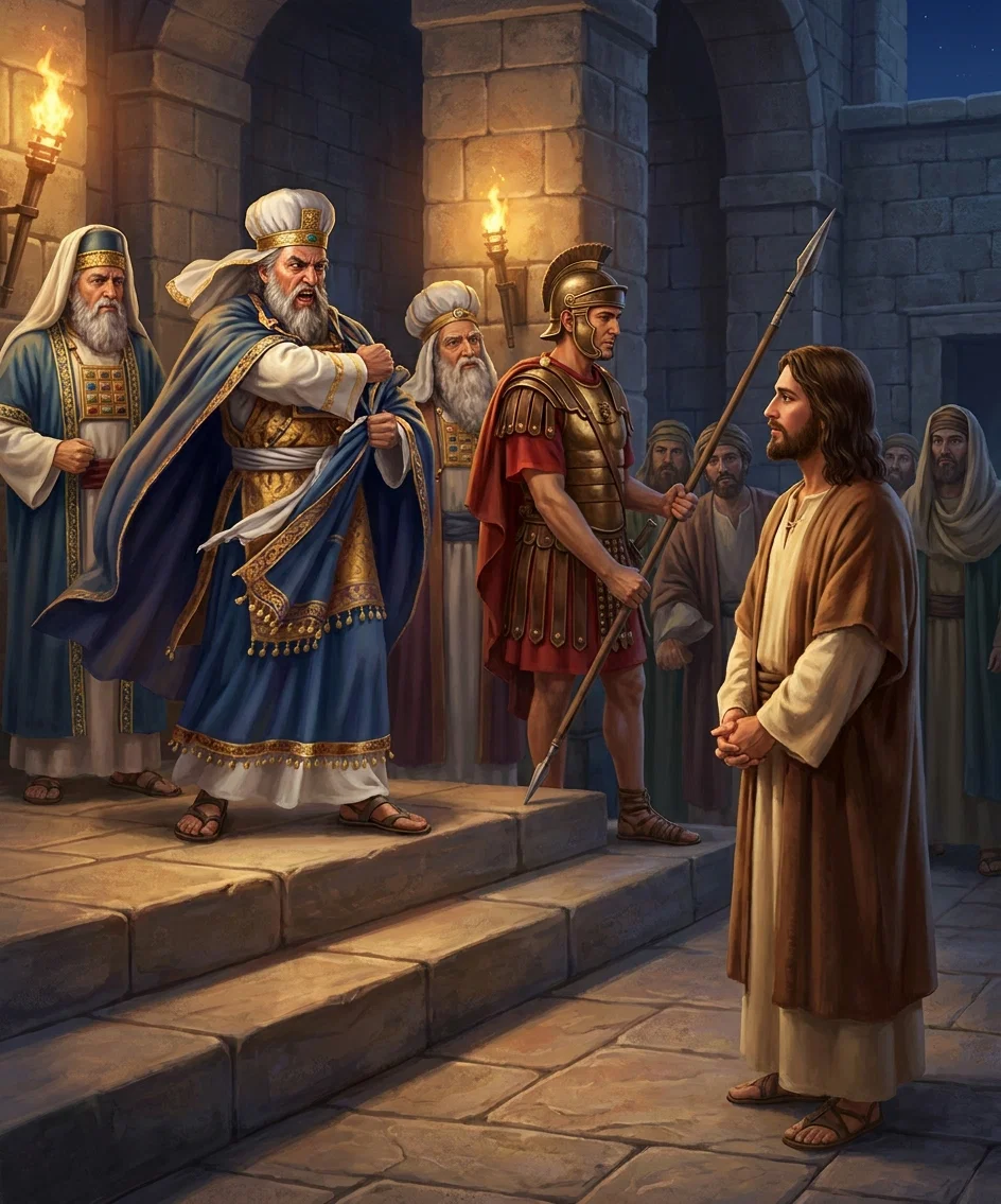 “Rending his robe, that the people might see his pretended horror, he demanded that … the prisoner be condemned for blasphemy.”