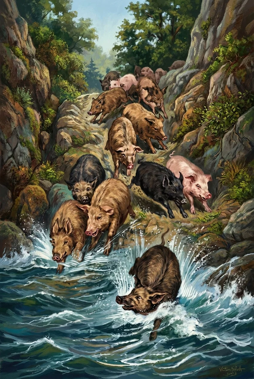 “They rushed madly down the cliff.”