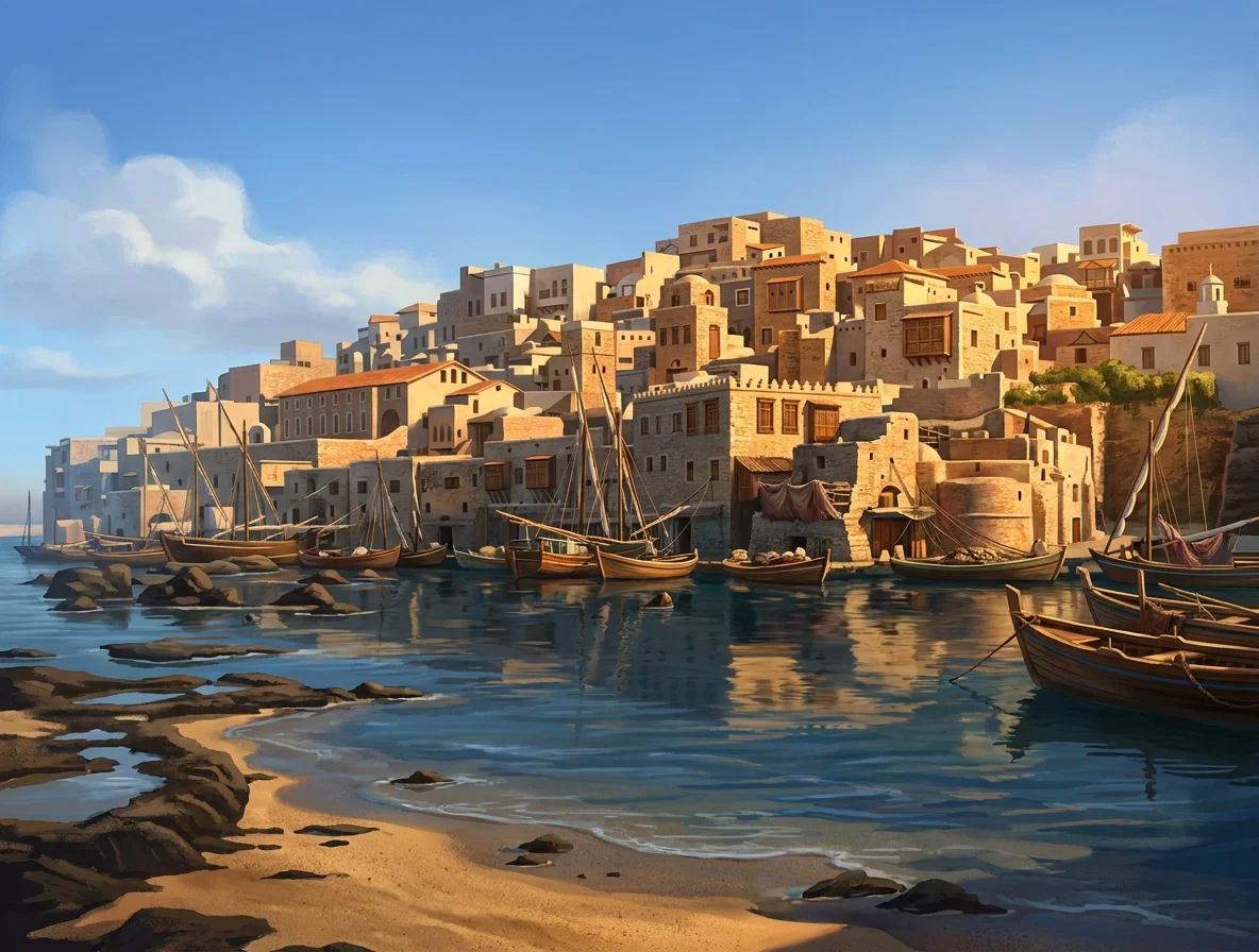 A broad coastal view shows a densely built Mediterranean or Middle Eastern town rising steeply from the water. Flat-roofed stone buildings and larger blocklike structures cluster across the hillside, with a long waterfront wall or quay at its base. Several small sailing boats and vessels lie along the shore, while scattered rocks and shallow water occupy the foreground. A prominent sloping ramp or stairway descends from the right side of the settlement toward the waterfront. The scene is rendered in monochrome, with no visible lettering or signs.