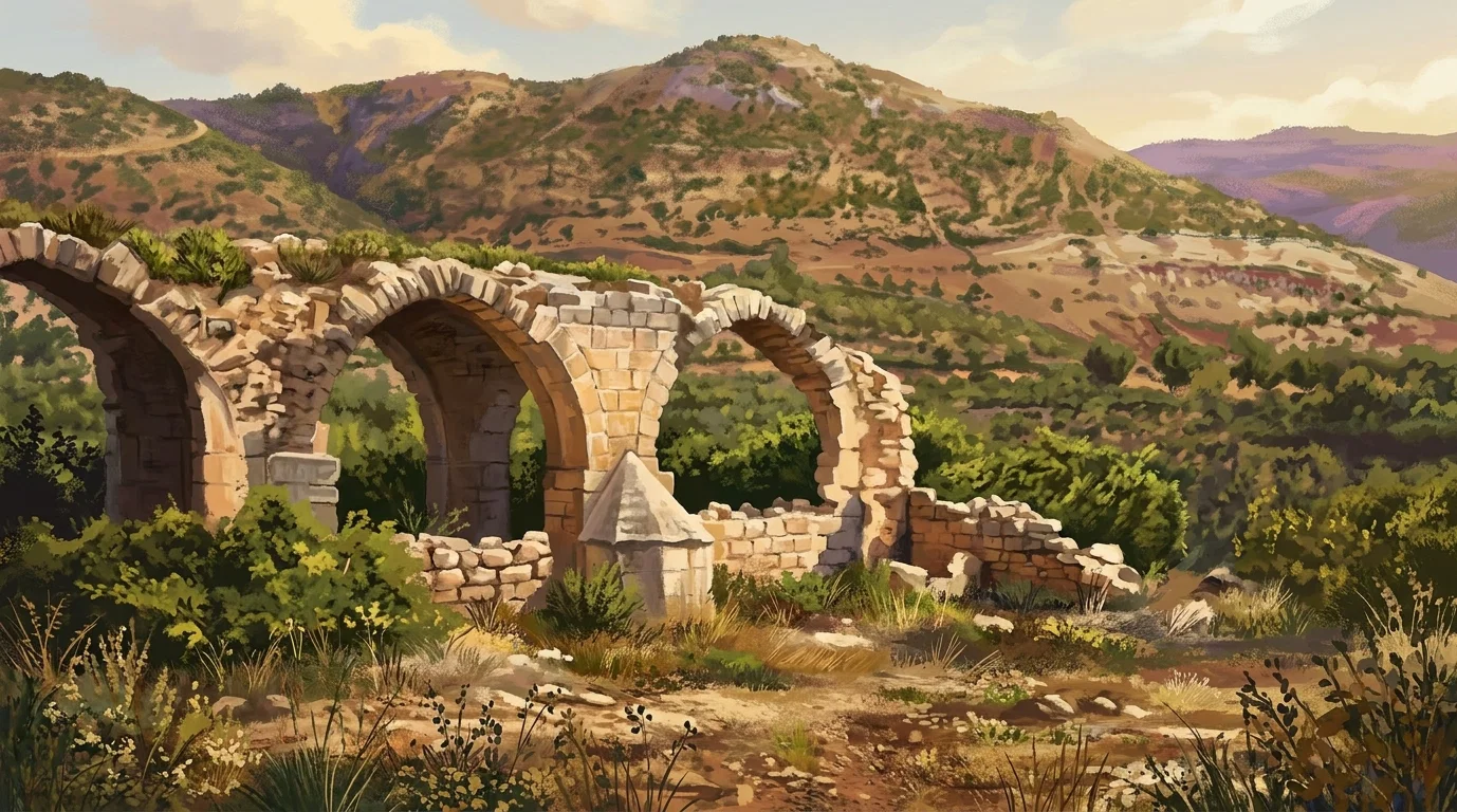 A broad landscape view shows a weathered stone structure with several large rounded arches extending across the foreground, partly obscured by dense shrubs and trees. A small, pale rectangular section or wall stands beneath the central arches. Beyond it lies a rugged, sparsely vegetated valley or hillside, rising into a prominent mountain ridge in the background with lower rounded hills to either side. The scene contains no visible people, animals, signs, or lettering.