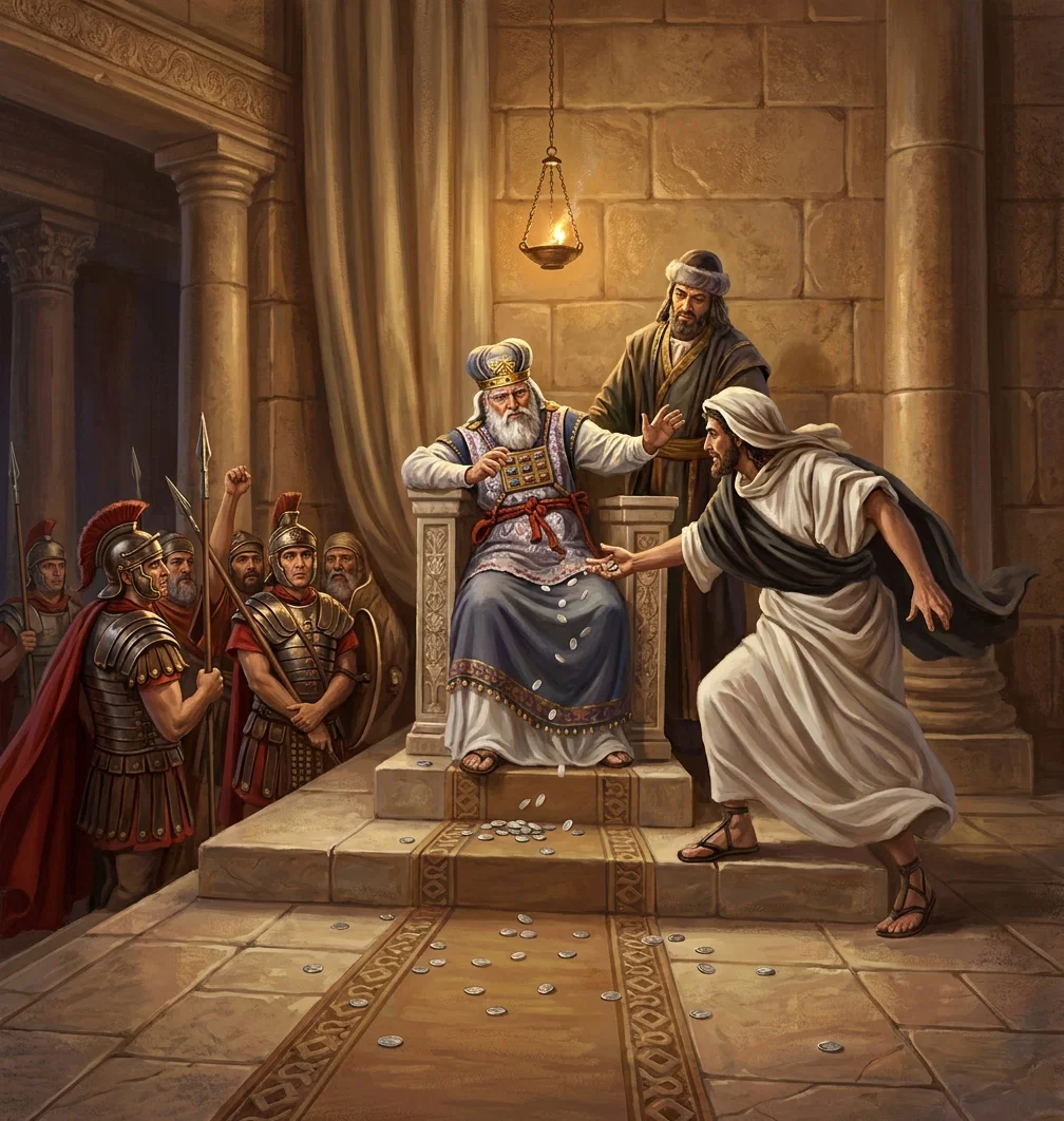 “He threw down before the high priest the pieces of silver that had been the price of his Lord’s betrayal.” Page 722.