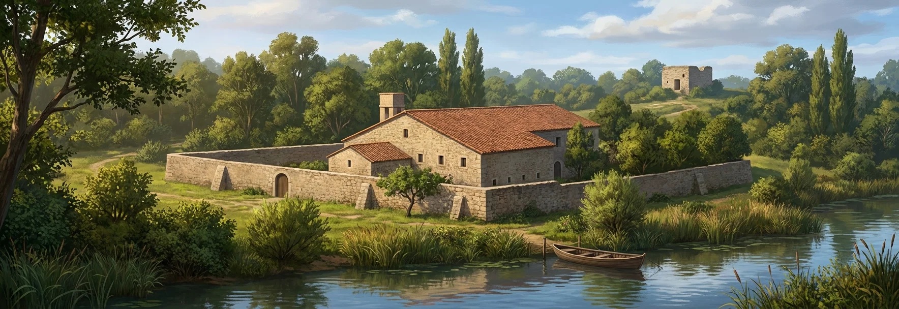A small fortified settlement is shown in a broad, lightly sketched landscape. Low stone buildings and enclosure walls occupy the center, with dark, textured roofs or tree-covered areas and several taller trees behind them. A more substantial square structure stands on the rise at the upper right. In the foreground, a long dense line of tiny figures appears to move or gather along a wall or roadway, while another cluster of people is visible near the buildings. Sparse vegetation and uneven ground extend around the compound, with no visible lettering.