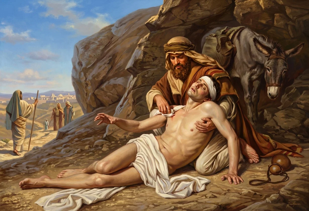 THE GOOD SAMARITAN.

“Which of these three thinkest thou proved neighbor to him that fell among the robbers.”