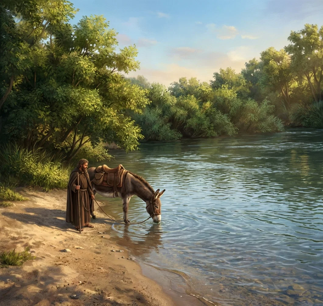 A solitary robed man stands knee-deep at the edge of a broad, gently rippling river or stream, beside a second figure who appears partially immersed in the water. The standing figure faces the other person and seems to be performing a baptism, with one arm extended toward them. Dense bushes and leafy trees line the opposite bank, while tall grasses frame the left foreground. The scene is rendered in detailed black-and-white linework, with the water occupying much of the lower and right portions of the composition; no visible lettering or signs appear.