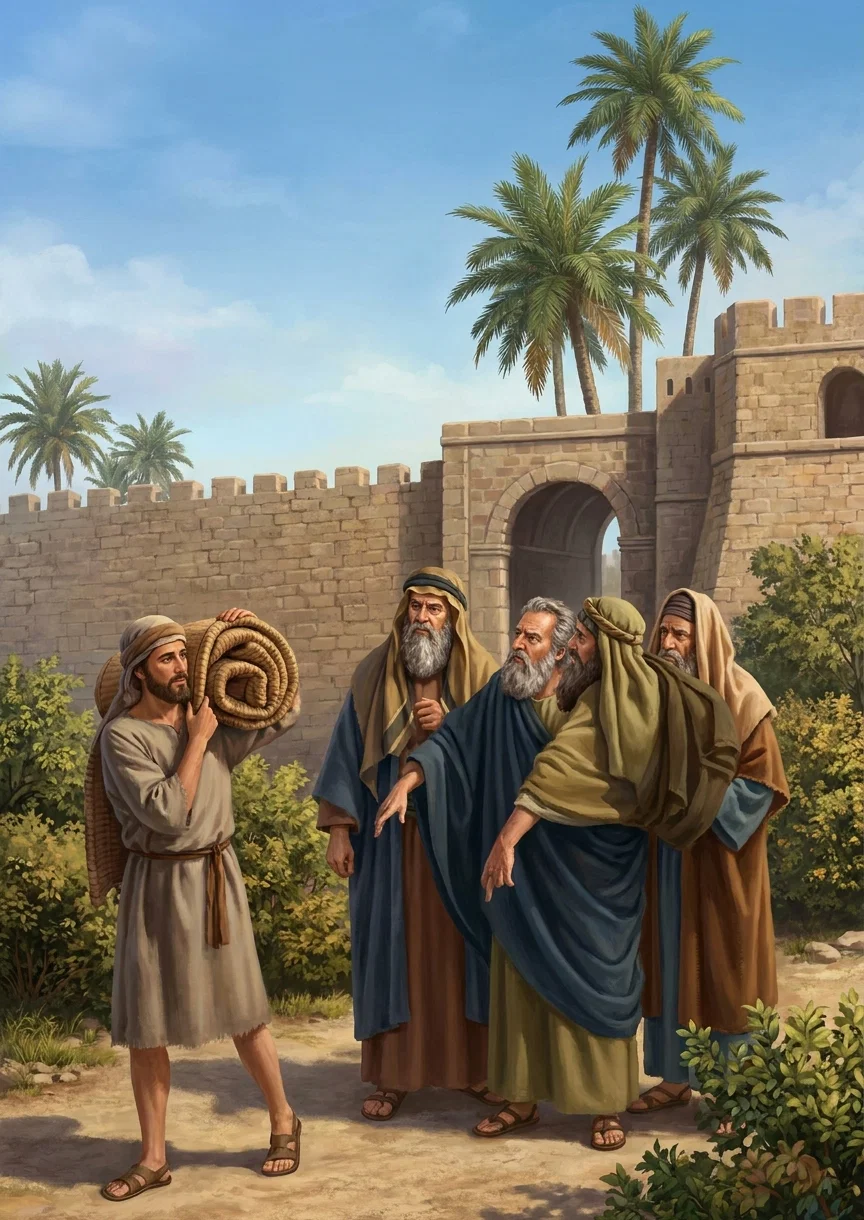 “With lowering brows they interrupted him, asking why he was carrying his bed on the Sabbath day.” Page 203.
